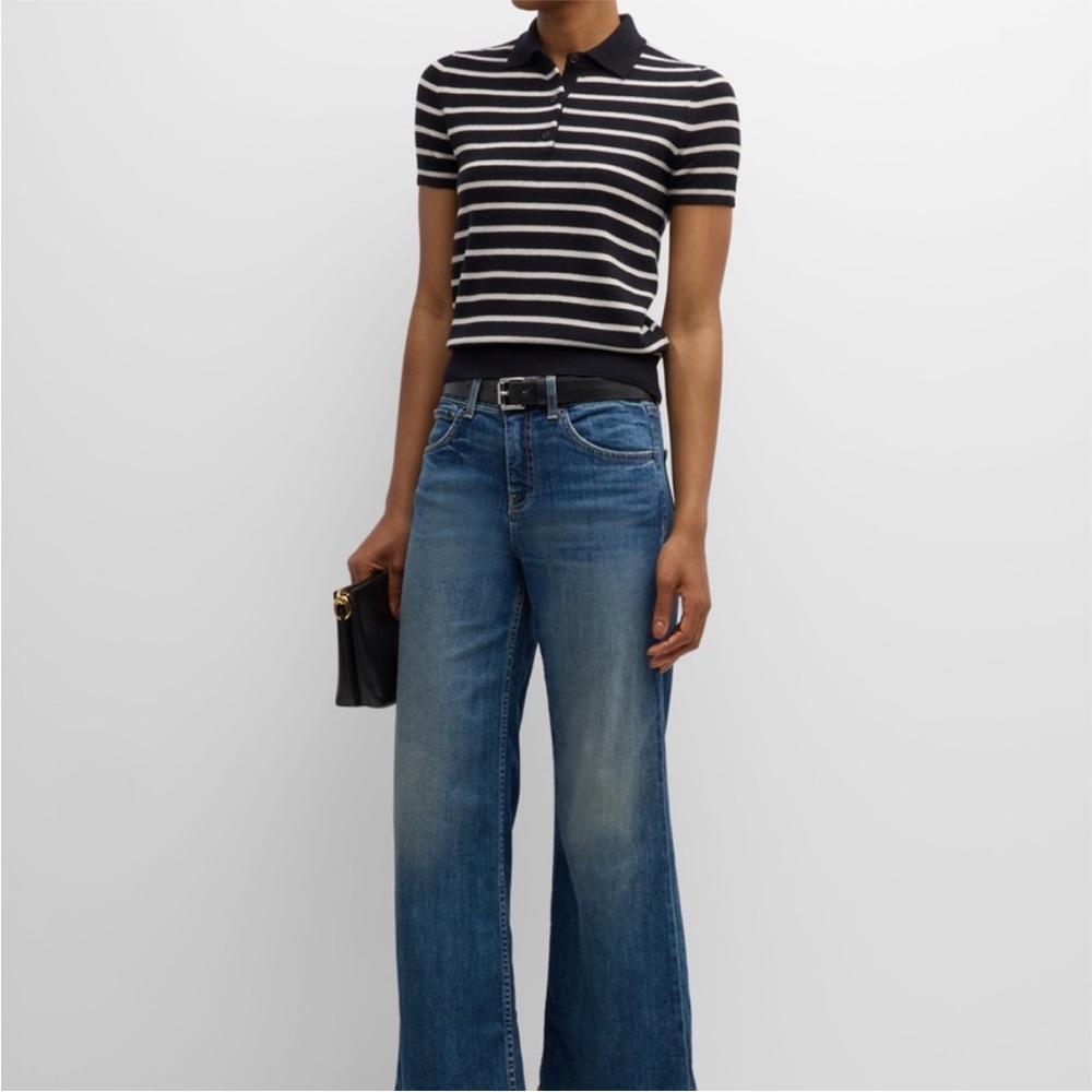 NWT Nili Lotan Black and White Striped Cashmere Polo Top Small